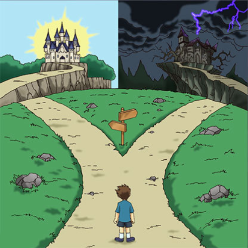 A meme image showing a figure standing at a fork in the road, with the left-hand path leading to a brightly lit castle and the right-hand path to an haunted horror castle.