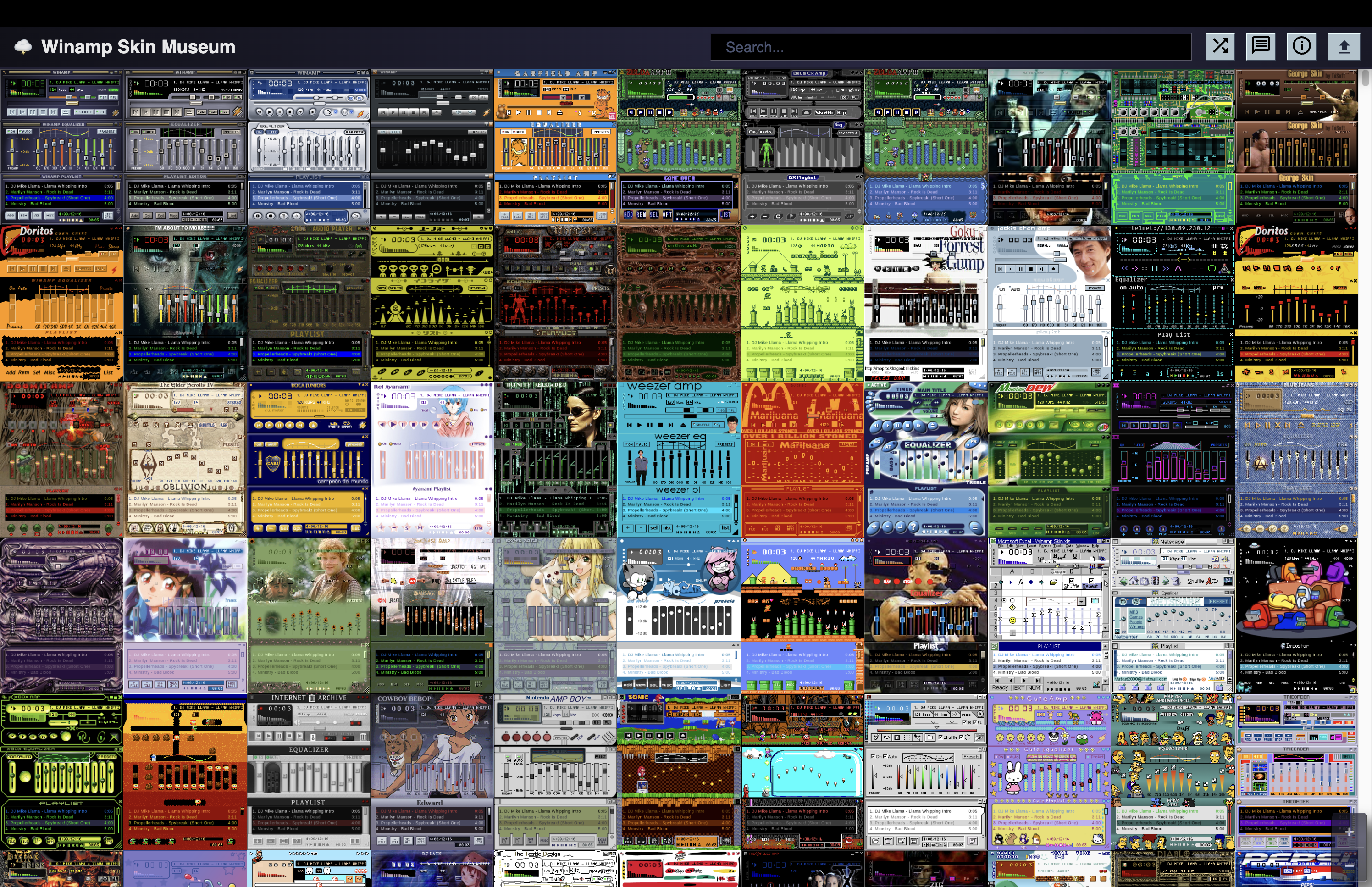 Capture d'écran du Winamp Skin Museum, une galerie en ligne présentant une mosaïque de centaines de skins personnalisés pour le lecteur audio Winamp, aux designs variés allant de thèmes inspirés de films, jeux vidéo et personnages animés.