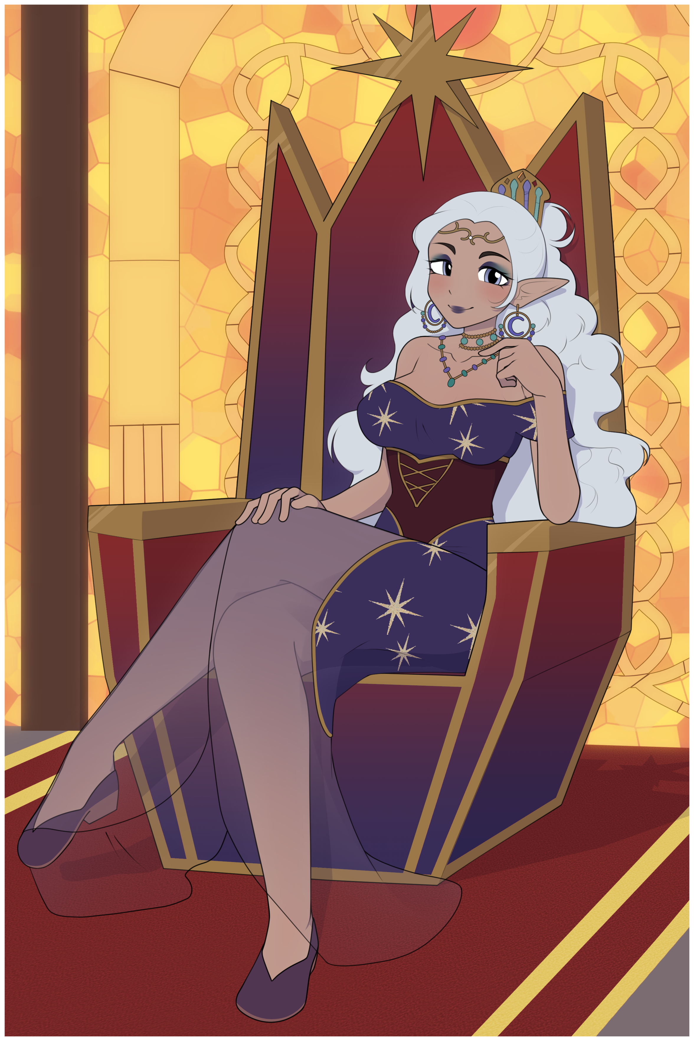 Long-haired elf OC sitting in a throne in front of a stained-glass window.