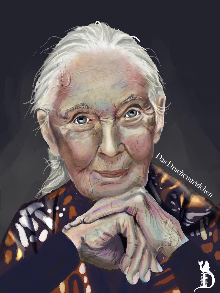 Ein digital gemaltes Portrait von Jane Goodall, bei dem sie ihr Kinn auf ihre übereinander gefalteten Hände legt.