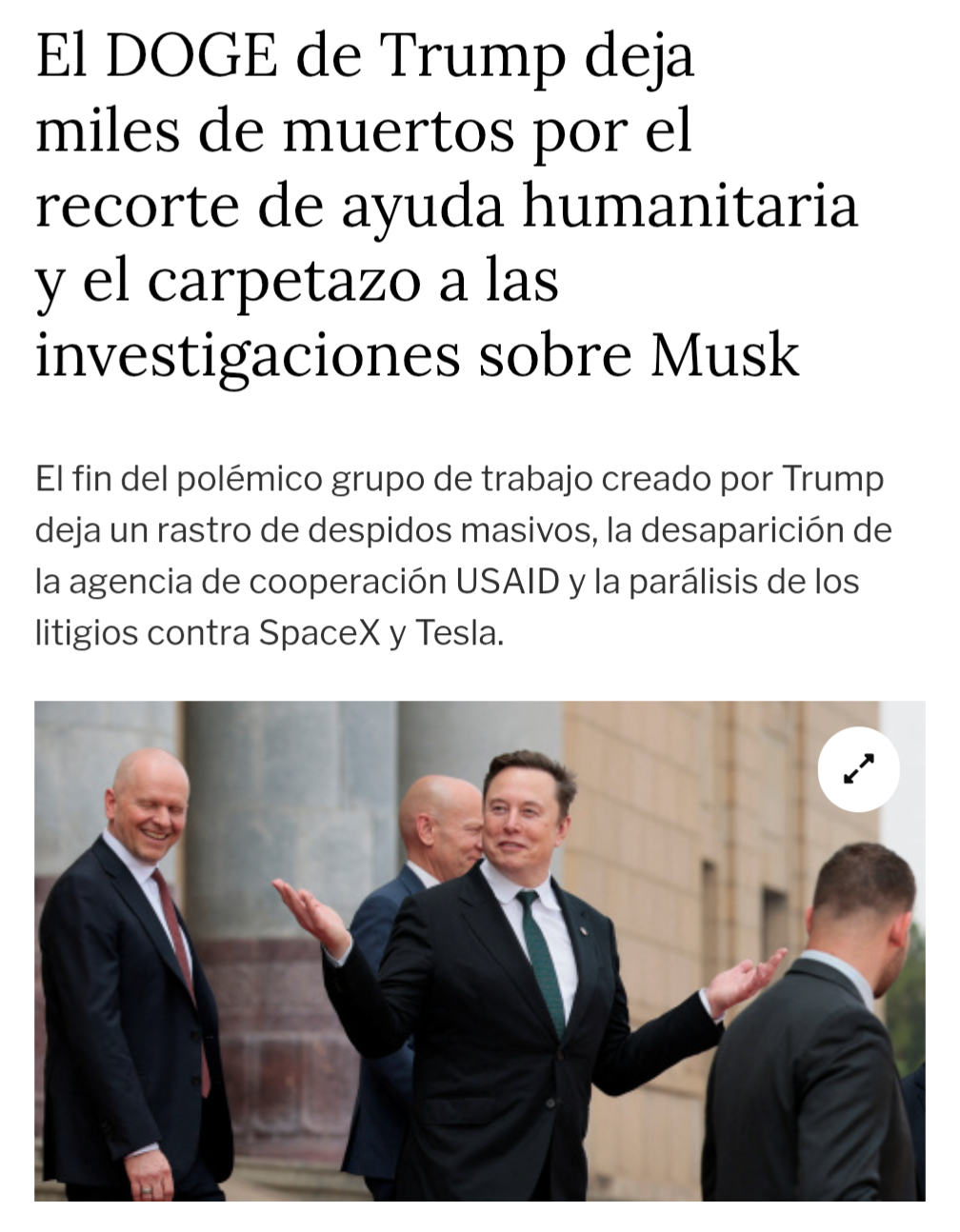 Titular del medio dice: "El DOGE de Trump deja miles de muertos por el recorte de ayuda humanitaria y el carpetazo a las investigaciones sobre Muak".