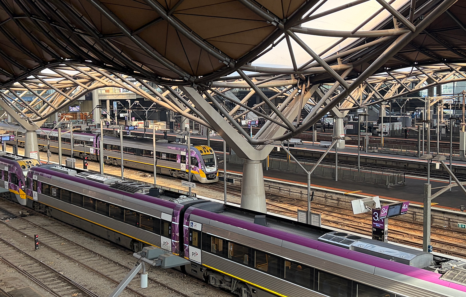 V/Line trains at near-empty Southern Cross station platforms