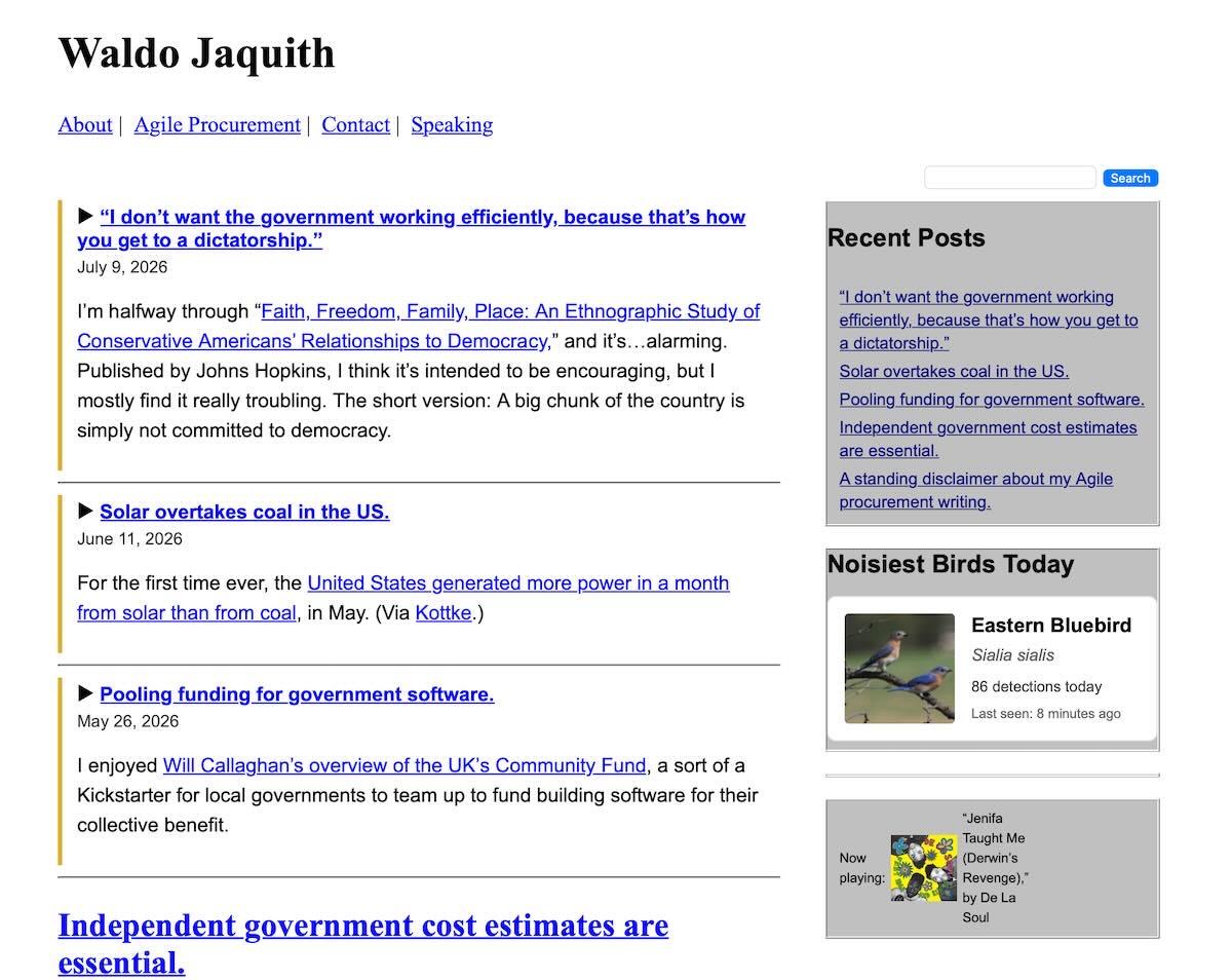 A two-column homepage, with the right 75% being blog entries, and the right 25% is a sidebar. The sidebar lists “Recent Posts,” “Noisiest Birds Today,” and a song being listened to now. The design is black text on a white background, and the sidebar is gray.