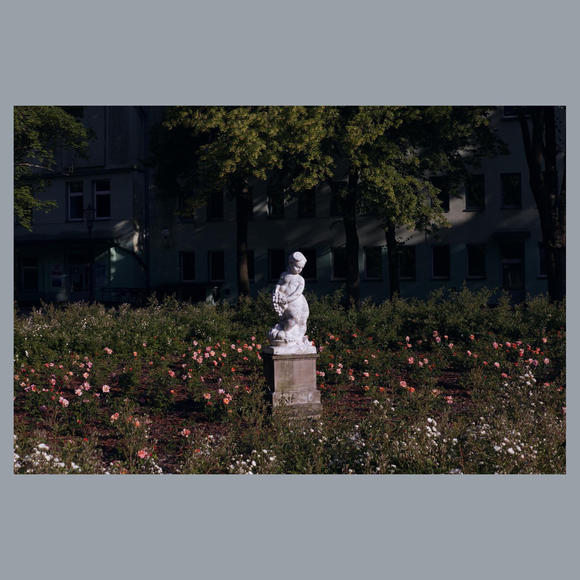 Fotografia ta przedstawia część parku z rzeźbą kobiety z winogronami pośrodku kadru, która stoi wśród róż. tło dla tej sceny stanowią drzewa i budynek skryty w cieniu. Fotografia jest spokojna.