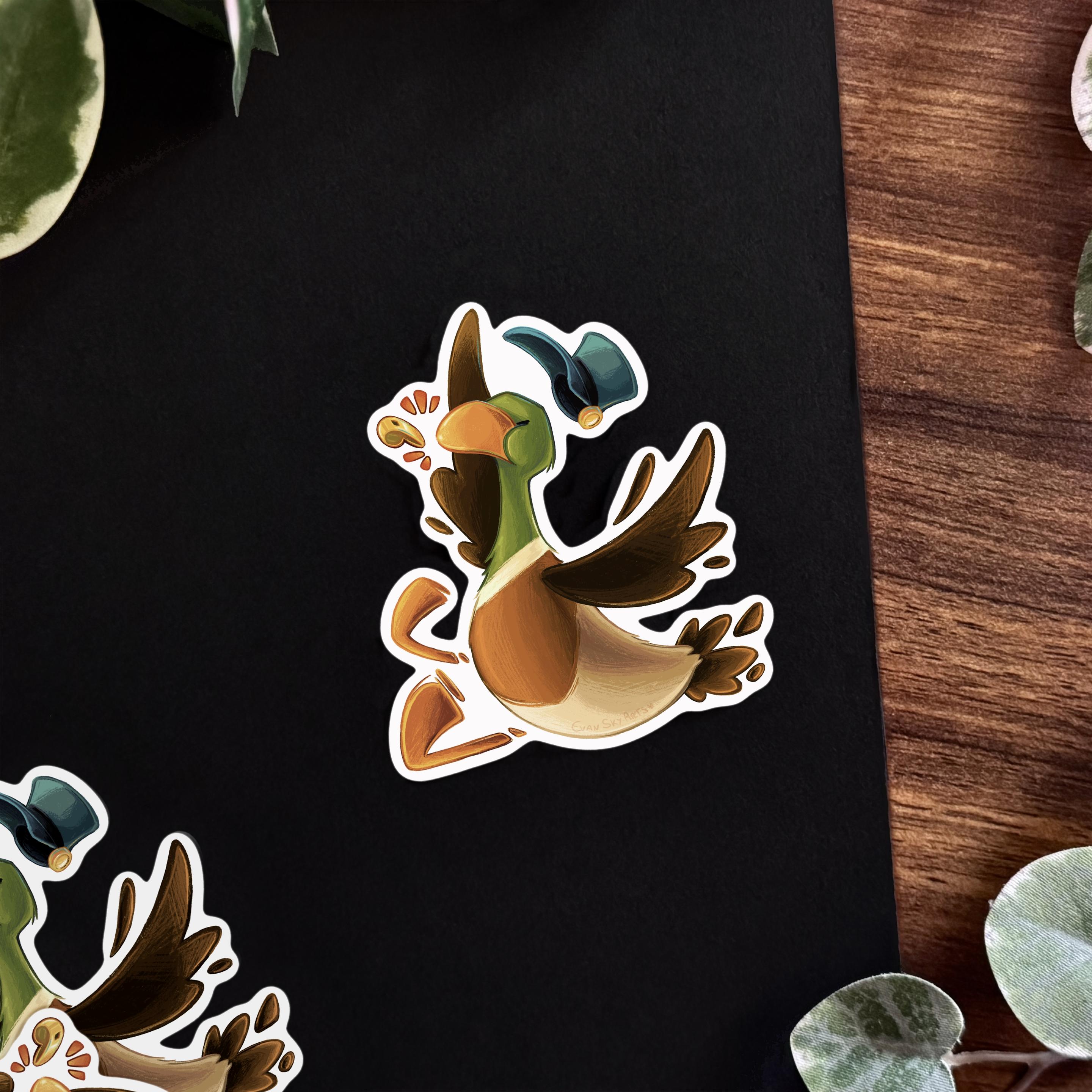 Photo of a sticker featuring a mallard duck with a policeman cap blowing into a whistle in a cartoonishly exaggerated way.