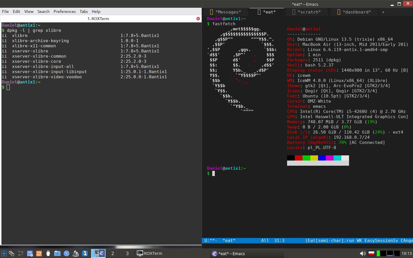 A screenshot of XLibre 25.2.0 running on Antix Linux 26 with the IceWM window manager.