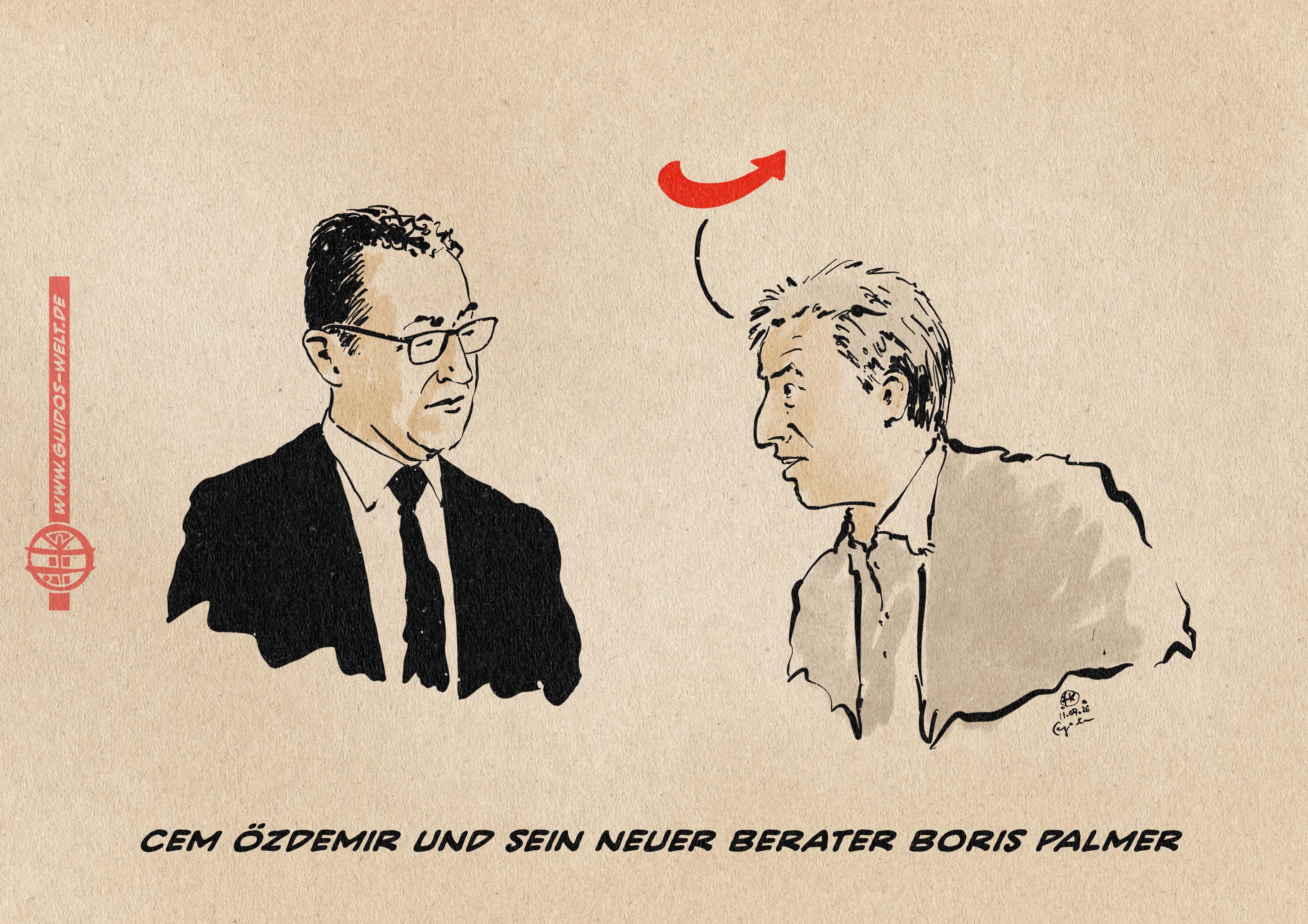 Illustration von Chem Özdemir und Boris Palmer. Palmer spricht zu ihm, dargestellt mit einem AFD-Logopfeil. Textzeile: Chem Özdemir und sein neuer Berater Boris Palmer