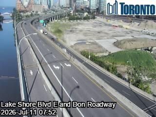 Traffic cam looking SW over the junction of Don Valley Pkwy and Lake Shore Blvd near downtown Toronto on the shores of Lake Ontario. // Image captured at: 2026-07-11 12:00:03 UTC (about 1 min. prior to this post) // Image sourced from: 511on.ca // Current Temp in Toronto: 72 F | 22 C // Precip: scattered clouds // Wind: E at 2 mph | 3 kph // Humidity: 81%