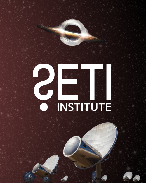SETI Institute logo. Graphics: (top) Black hole. (bottom) radio telescope dishes at the Allen Telescope Array. Background: Starry night sky.