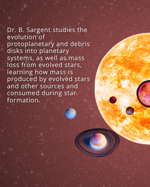 Text: Dr. B. Sargent studies the evolution of protoplanetary and debris disks into planetary systems, as well as mass loss from evolved stars, learning how mass is produced by evolved stars and other sources and consumed during star formation. Background: Starry night sky with graphics of a star and exoplanets in front of it.