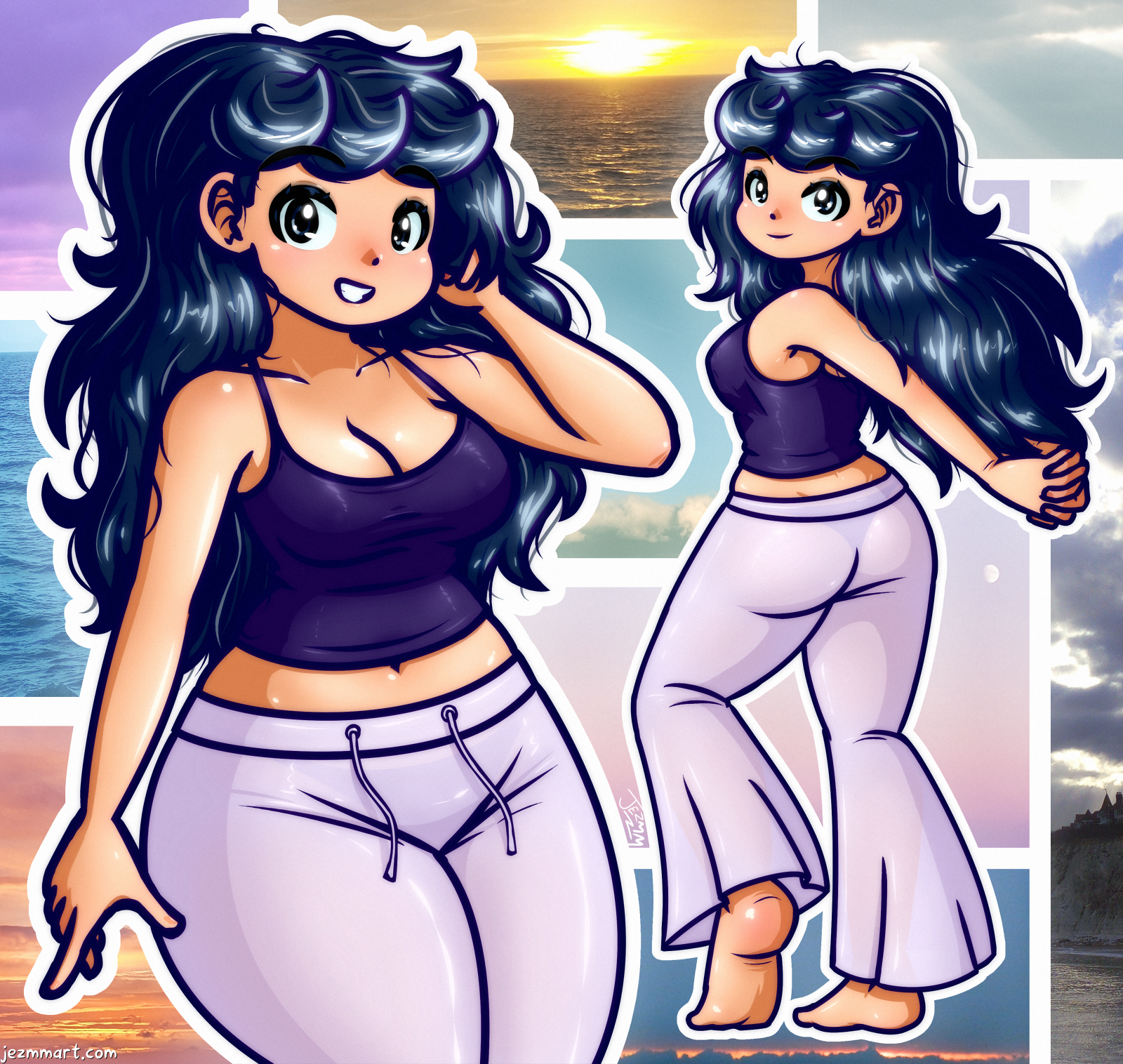 Digital cartoon pin-up illustration of my original character Chamomile in summer wear. Detailed Description Follows:

The image contains two illustrations of her in the same outfit. One is from the thigh-up, facing the viewer, giving a toothy grin and running her hand through her long messy hair. One is full body view, from behind, where she's smiling, looking over her shoulder and flexing her arms and hands behind her with fingers interlocked. She's wearing a black low-cut tank top with no bra that crops at the navel, white barely sheer trousers that are tight-fitting until the knee, where they fan out loosely, and no footwear. A black thong bikini bottom is just barely visible beneath the material. The background is an uneven grid of my own photography, consisting of various views of the sky and the sea under different lighting and times of day.
