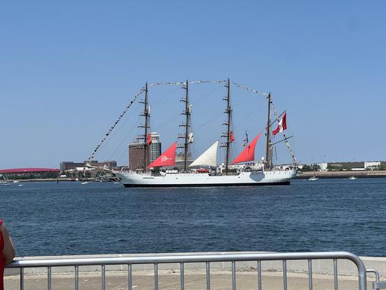 Picture of the BAP union, a barque from Peru on Boston Harbor (a large remastered sailing ship with a number of sailors on the crossmasts)