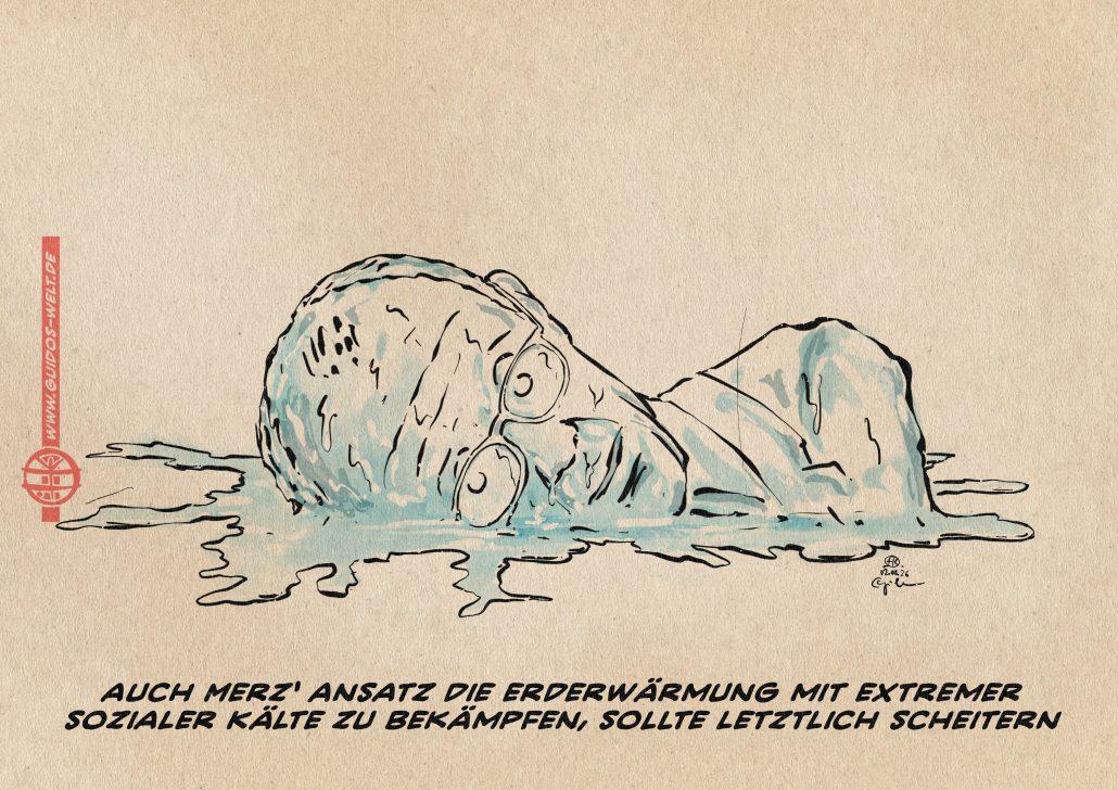 Illustration von Merz als schmelzende Eisskultur. Textzeile: auch Merz‘ Ansatz die erderwärmung mit extremer sozialer Kälte zu bekämpfen, sollte letztlich scheitern