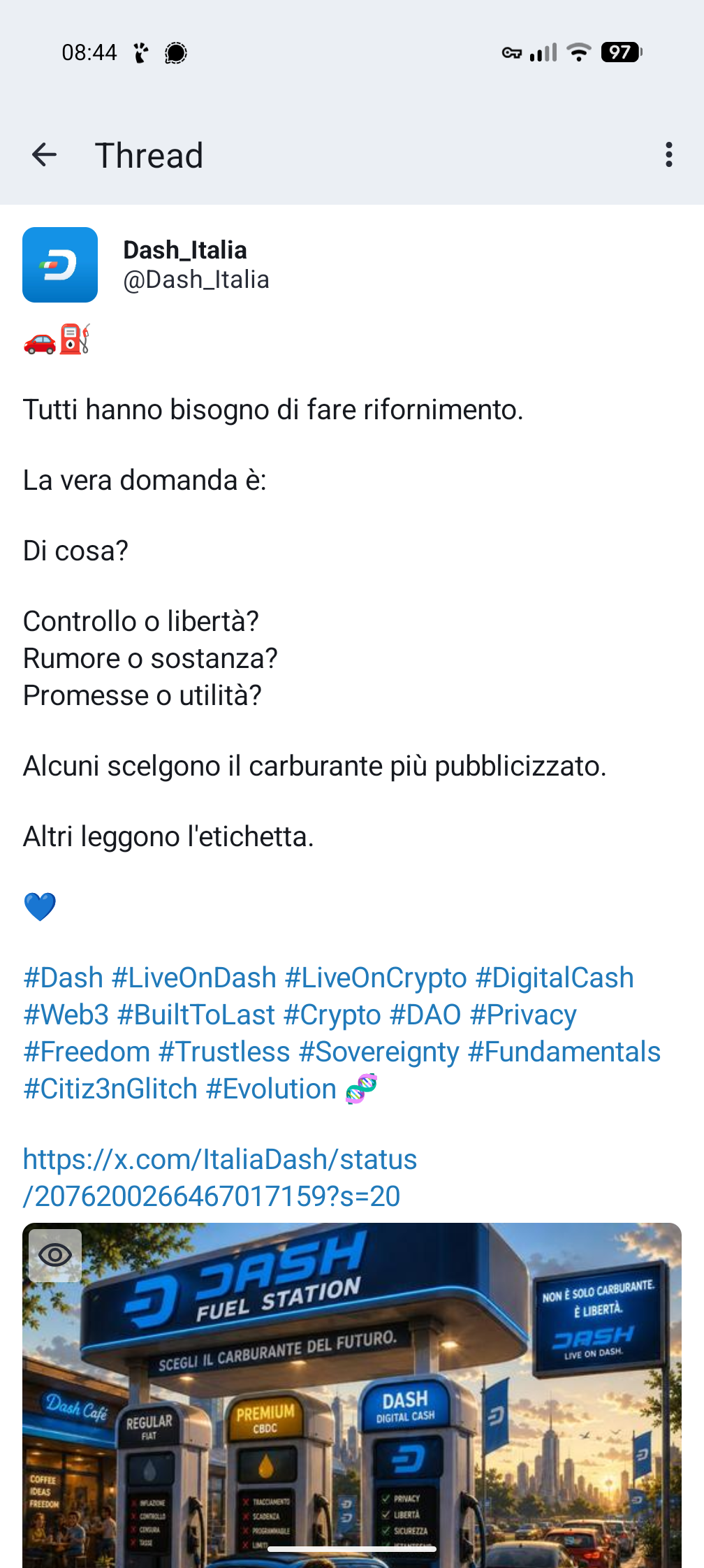 Screenshot of a toot apparently advertising a particular crypto coin, in Italian, including a shitty genAI image.