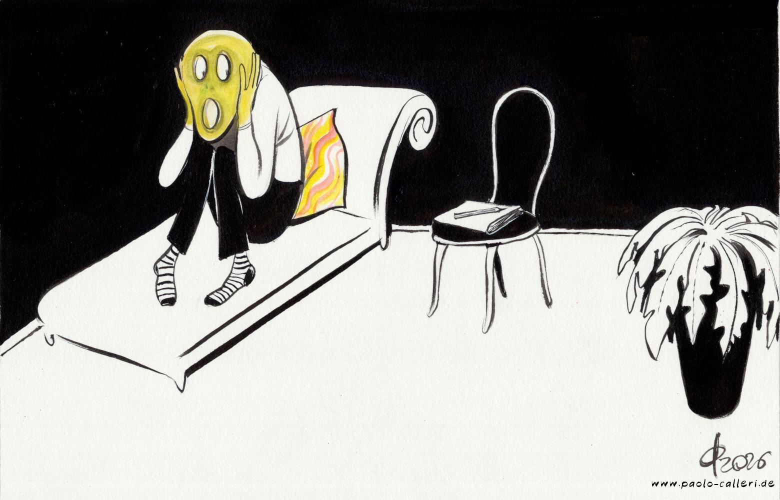 Karikatur "Psychotherapeutische Versorgung" aus dem Jahr 2026. Eine erschreckte Person sitzt auf einer Liege. Sie hat die Beine angezogen, ihre Hände an die Wangen gepresst und blickt verängstigt auf den leeren Stuhl neben sich. Auf der Sitzfläche des Stuhl sind ein Heft und ein Stift abgelegt. Ferner befindet sich eine Topfpflanze im Raum. Das Bild ist insgesamt aus schwarzen und weißen Flächen aufgebaut. Das Gesicht der Person ist in einem  gelblichen Grün koloriert. Das Kissen an ihrem Rücken ist mit gelben und roten Wellenlinien gemustert.