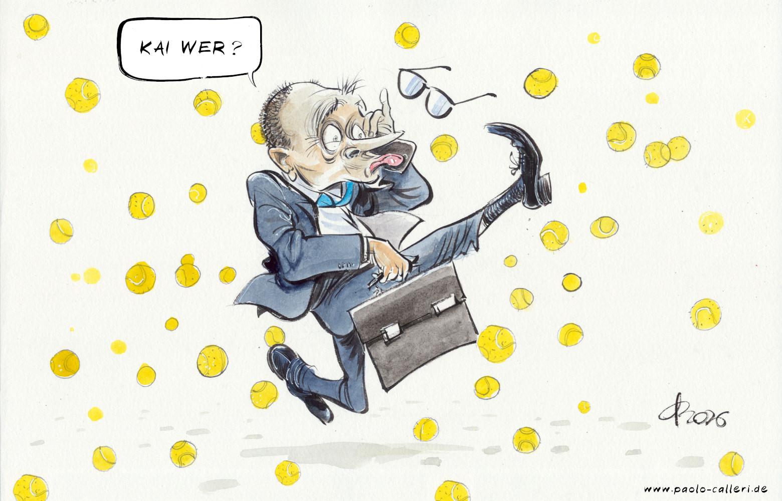 Karikatur "Wegner-Telefonat" aus dem Jahr 2026. Friedrich Merz rutscht beim Telefonieren auf Tennisbällen aus, die in großer Zahl von oben herunterfallen. Irritiert dreinblickend fragt er: Kai wer?