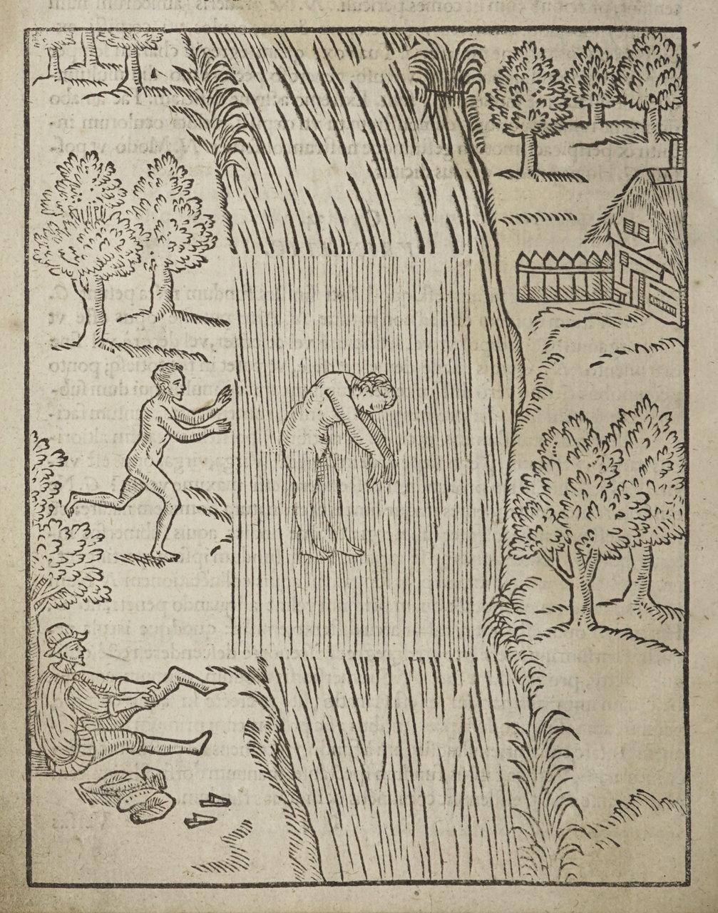 Woodcut of swimming figures