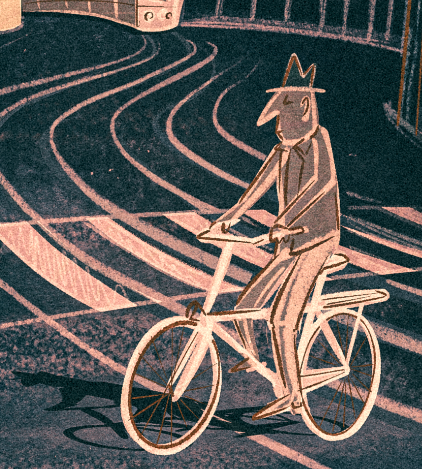 very sketchy illustration of a ban riding a bike on a city street. you can see a crosswalk behind him. he's wearing a hat and collared shirt. he looks unbothered and moisturized.