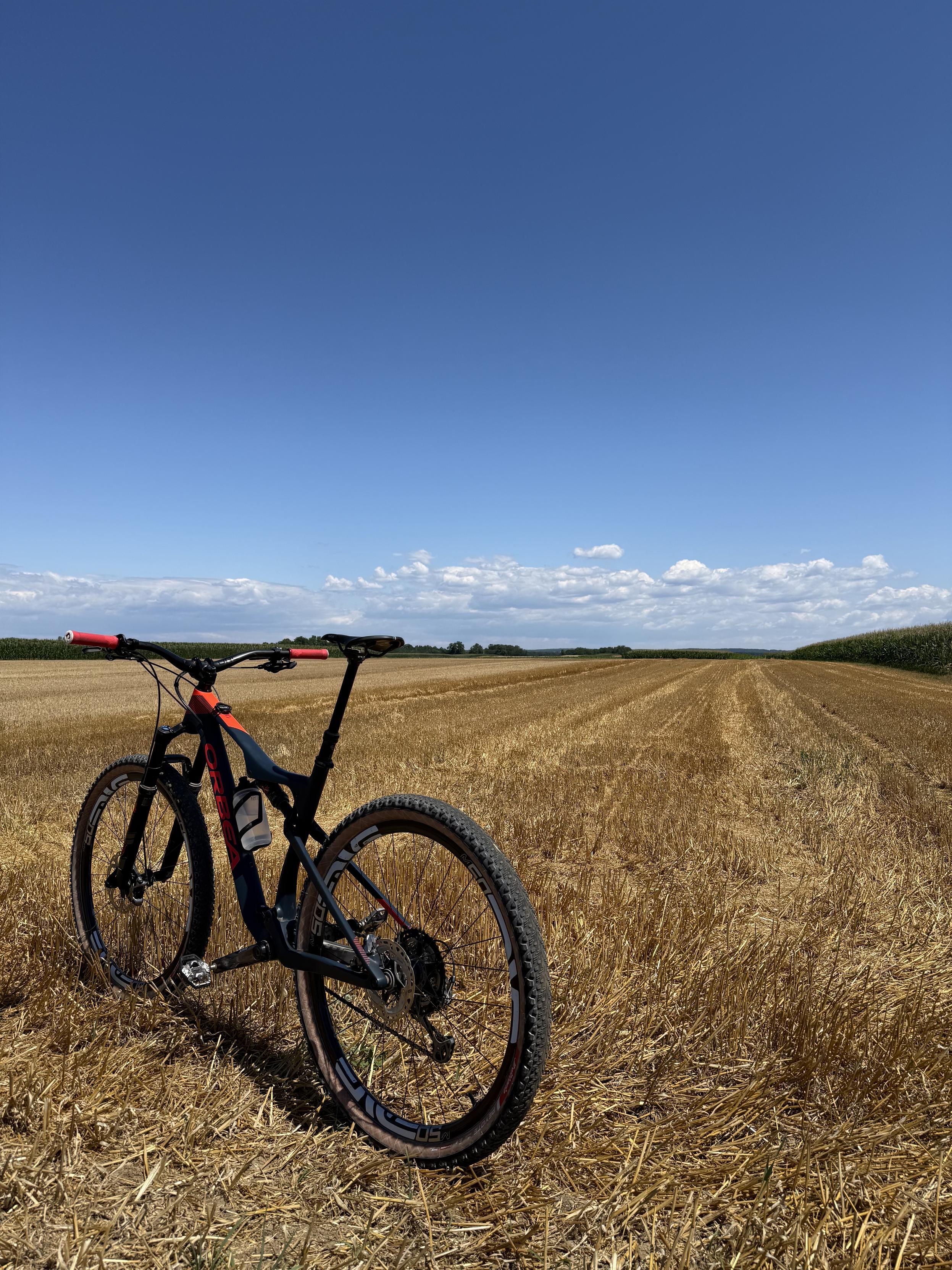 Mountain bike parked in a vast field of dry, golden straw under a clear blue sky with scattered white clouds on the horizon line above distant green trees.