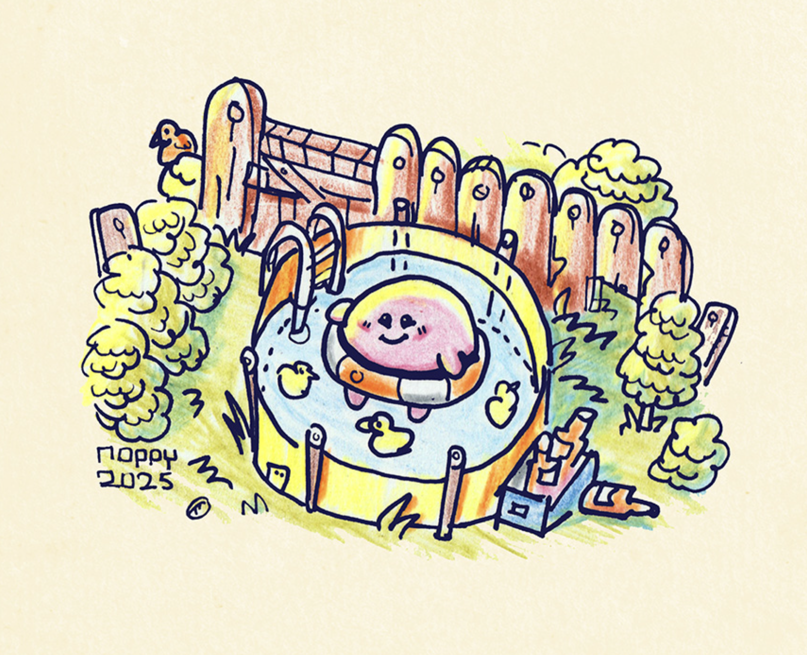 Kirby floats snugly in a rubber band in a garden bath tub. there’s some rubber duckies. The sun is shining. There’s some trees and grass behind the wooden fence. Today is a good day.