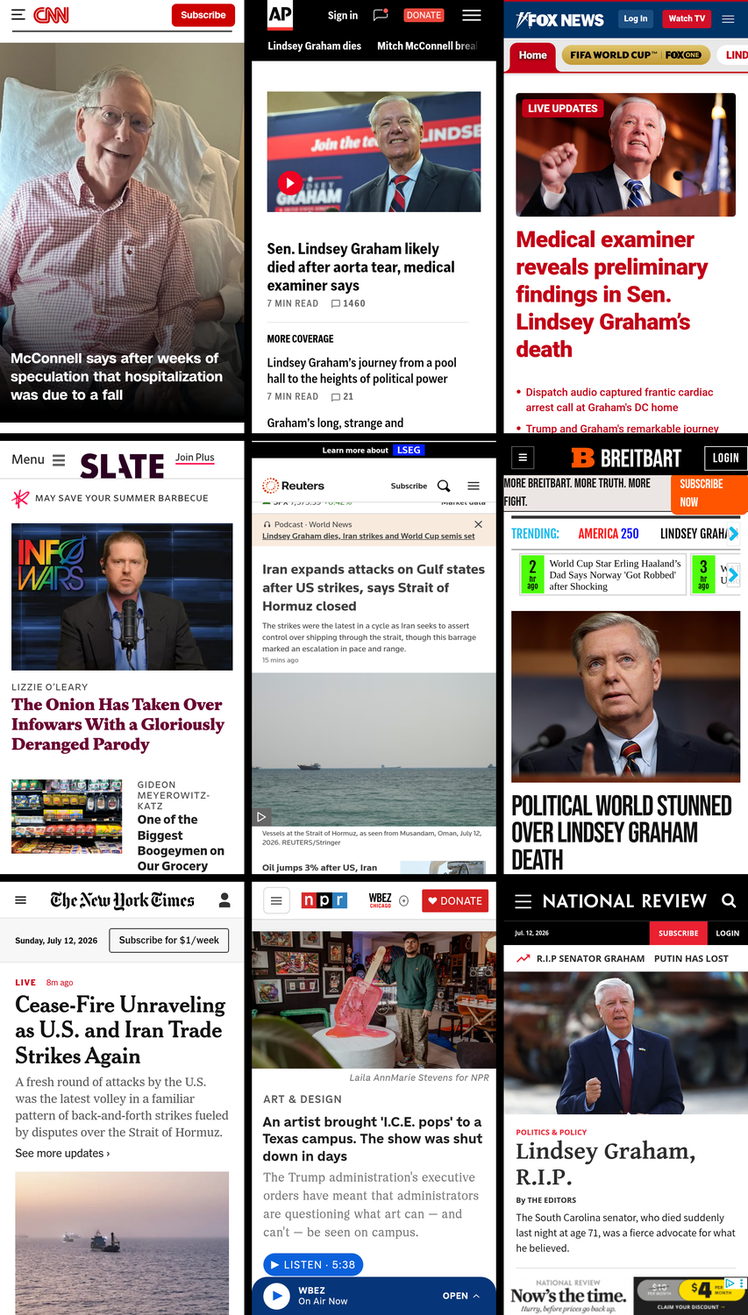 A 3x3 grid of the mobile front pages of CNN, AP News, Fox News, Slate, Reuters, Breitbart, New York Times, NPR, and National Review. The screenshots were taken on July 12th, 2026, at about 7:31 PM ET.