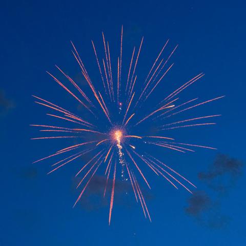 Firework with bright spiral stream heading up to a bright point with a number of curved falling steaks flying away with puffs of smoke in front