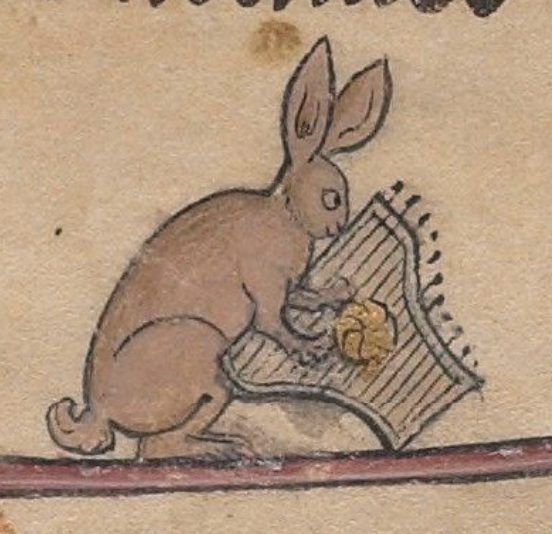 Medieval manuscript image of a rabbit playing a harp.