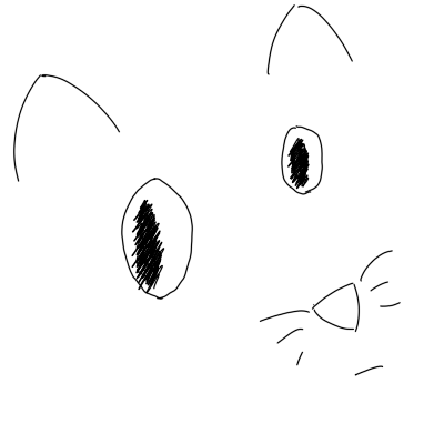 A black and white drawing with ears, eyes with scribbles for pupils, upsidedown triangle for a nose, six uneven and short whiskers, a disapproving line for a frown.  All with an attempt at perspective