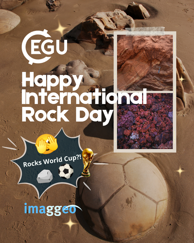 Image description: Giant concretions in a shape of football. Text reads:''  Happy International Rock Day! Rocks World Cup?!''