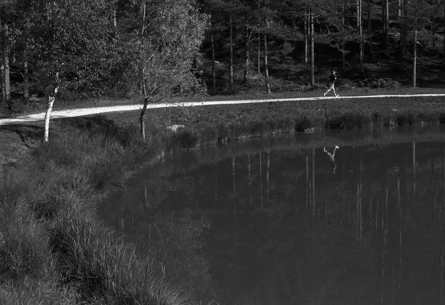 A person jogs along a winding path beside a calm, reflective pond surrounded by grass and trees. The image is in black and white, emphasizing the natural scenery.
