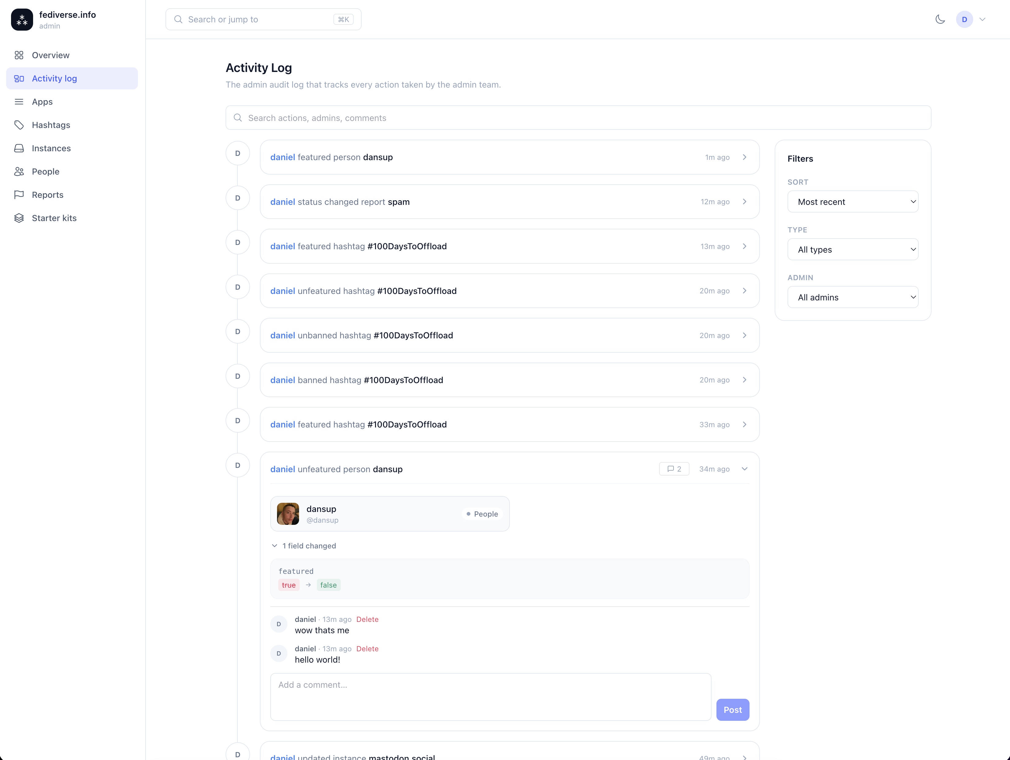 fediverse.info admin dashboard, now with admin audit logs