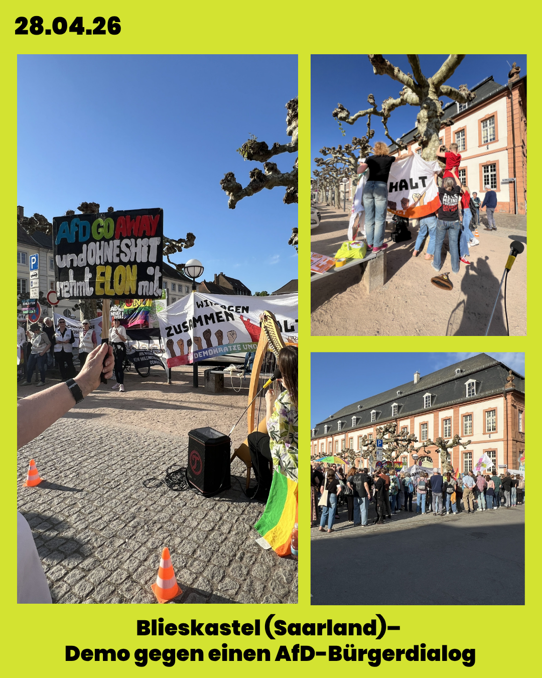 Fotos vom 28. April 2026: Blieskastel (Saarland) – Demo gegen einen AfD-Bürgerdialog
Protest gegen den AfD Bürgerdialog, die Lokalgruppe Halle hält eine Rede. Organisiert wurde der Protest von Halle gegen Rechts (HgR).