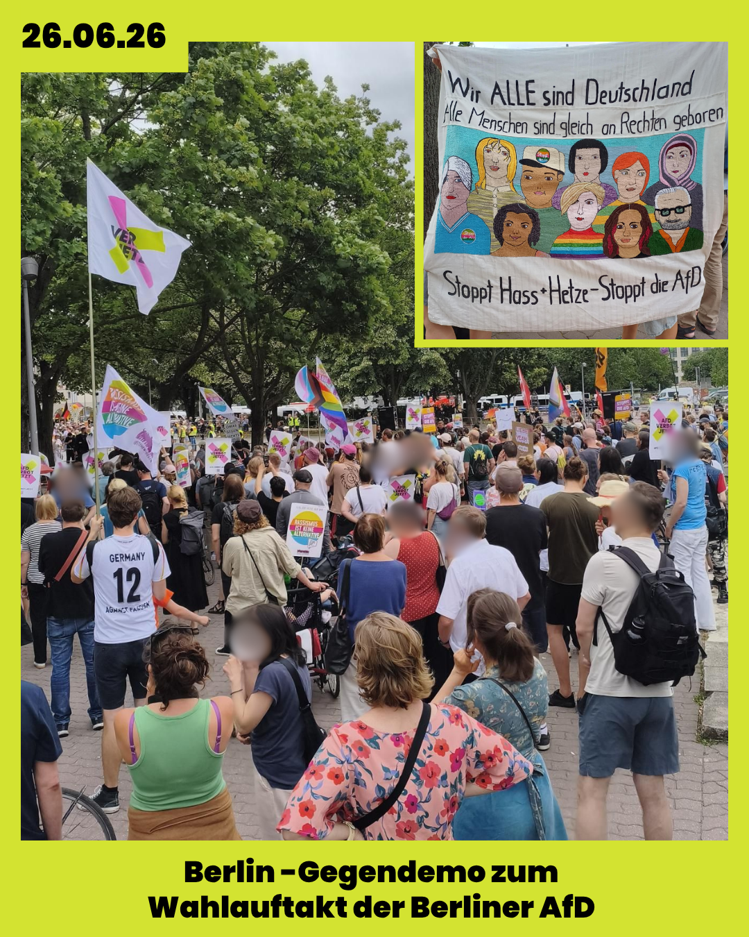 26. Juni 2026, Berlin -Gegendemo zum 
Wahlauftakt der Berliner AfD .
Gegendemo zum Wahlauftakt der Berliner AfD mit Chrupalla und Brinker mit Redebeitrag von AfD Verbot Jetzt! und einzelnen Mitgliedern der ehemaligen Letzten Generation, die sich mit Protestschildern in die AfD Versammlung begeben haben.