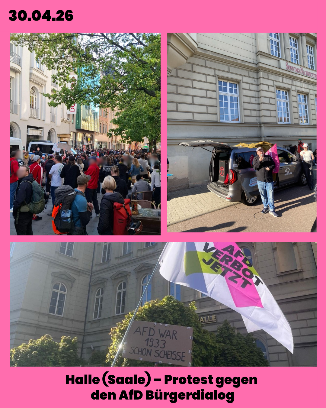 Fotos vom 30. April 2026: Halle (Saale) – Protest gegen den AfD Bürgerdialog.
Rund 200 Menschen demonstrierten gegen einen AfD-Bürgerdialog, den nur ca. 50 Menschen besuchten. Eine bunte Mischung unterschiedlicher NGOs protestierte bei Gesang und Harfenklängen von Matthis Löw.