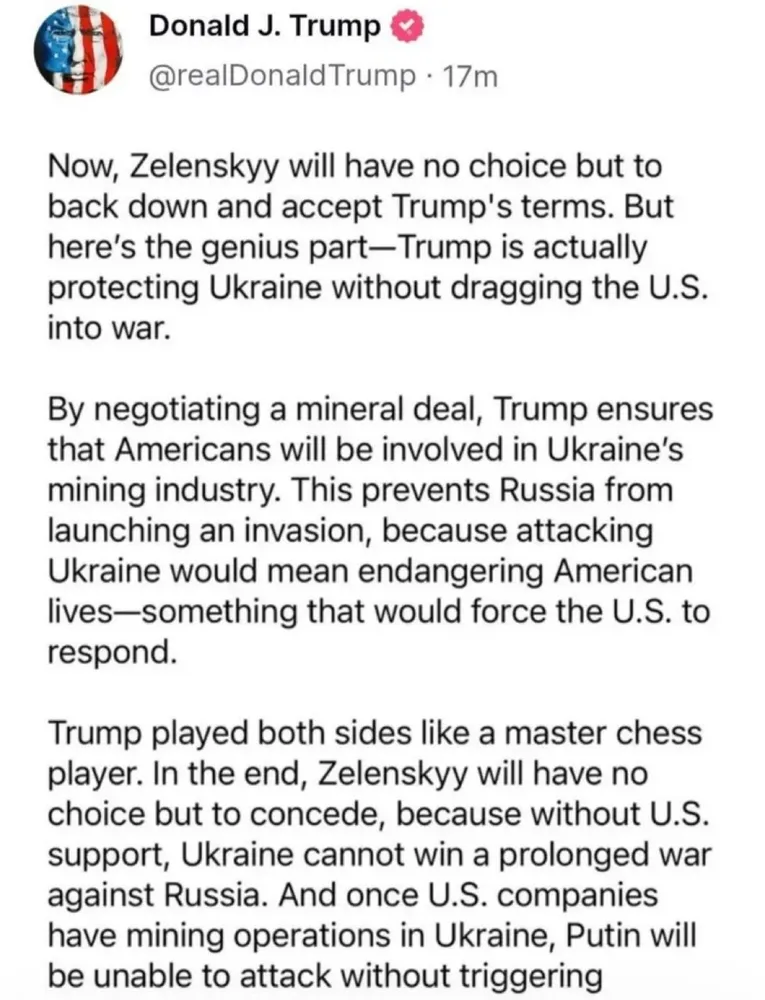 A Social Media post by Trump praising "Trump's Master Class" in how to negotiate with Zelensky.