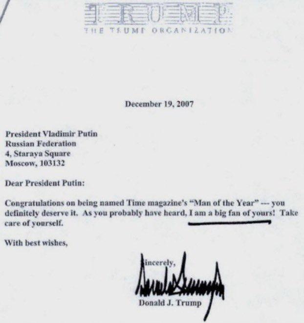 In 2007, Trump wrote fan mail to Vladimir Putin.