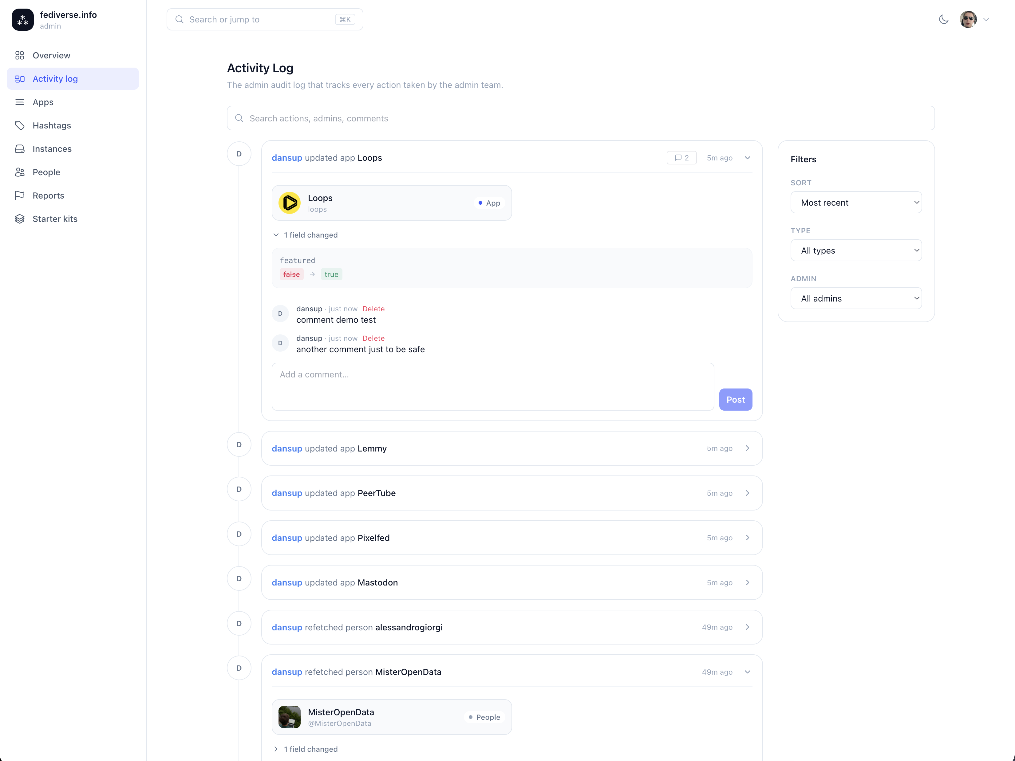 fediverse.info admin dashboard activitylog