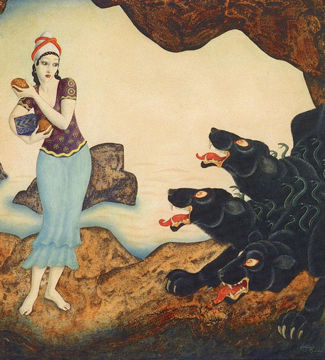 Painting of Psyche feeding barley cakes to Cerberus. She holds it, looking warily at the black three-headed dog with three open maws. The painting was created by French artist Edmond Dulac (1882-1953).