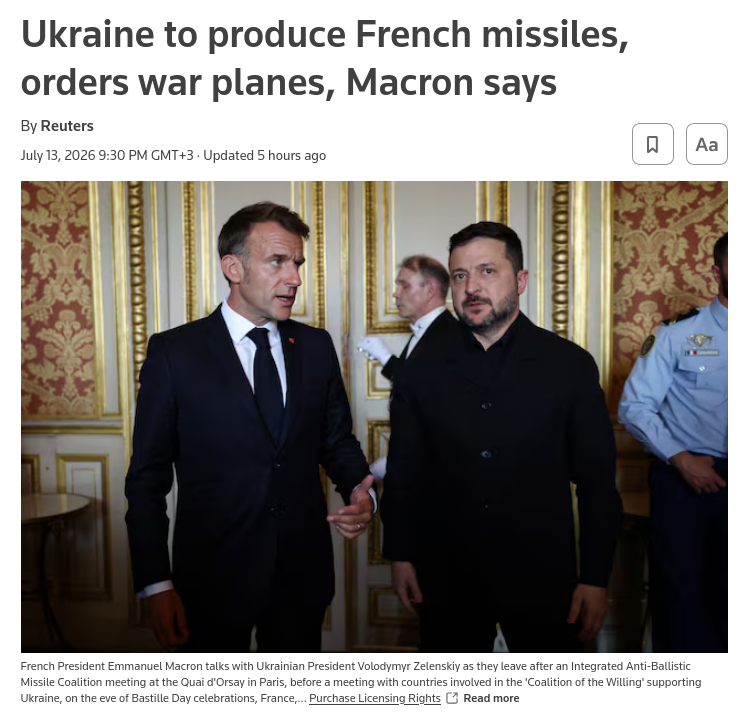 President Emmanuel Macron said on Monday that France would allow Ukraine to produce French-made ​cruise missiles, precision guided bombs and air defence interceptor ‌missiles after Kyiv ordered next generation Franco-Italian air defence systems and Rafale fighter jets #Russia #EU #France #Macron