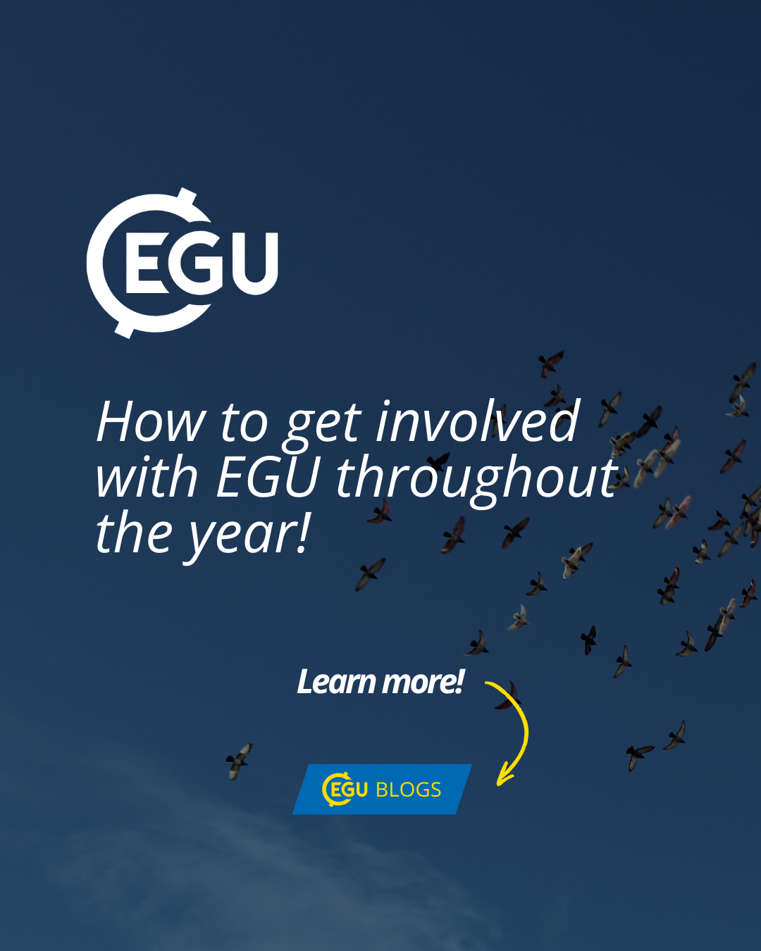Image description: birds flying in a blue sky. Text reads:'' How to get involved with EGU throughout the year!Learn more.''