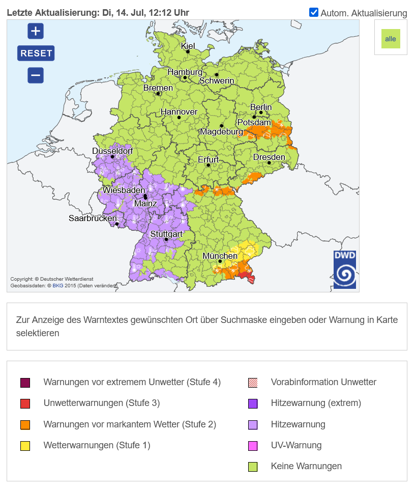 DWD Warnkarte von Deutschland und Legende der Farben.
Größtenteils grün, im Südwesten lila und ein paar kleine orangene und rote flecken. Die Karte ist vom 14.07.2026 12:12 Uhr