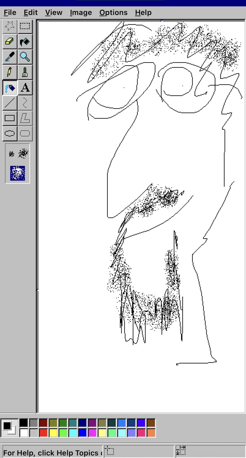 An incredibly bad self portrait made in forty seconds with beard and things and Win 3 UI
