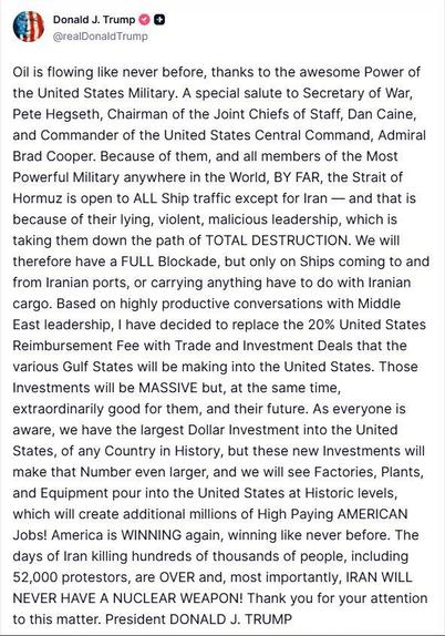 Trump about Hormuz, cancelling the 20% fees