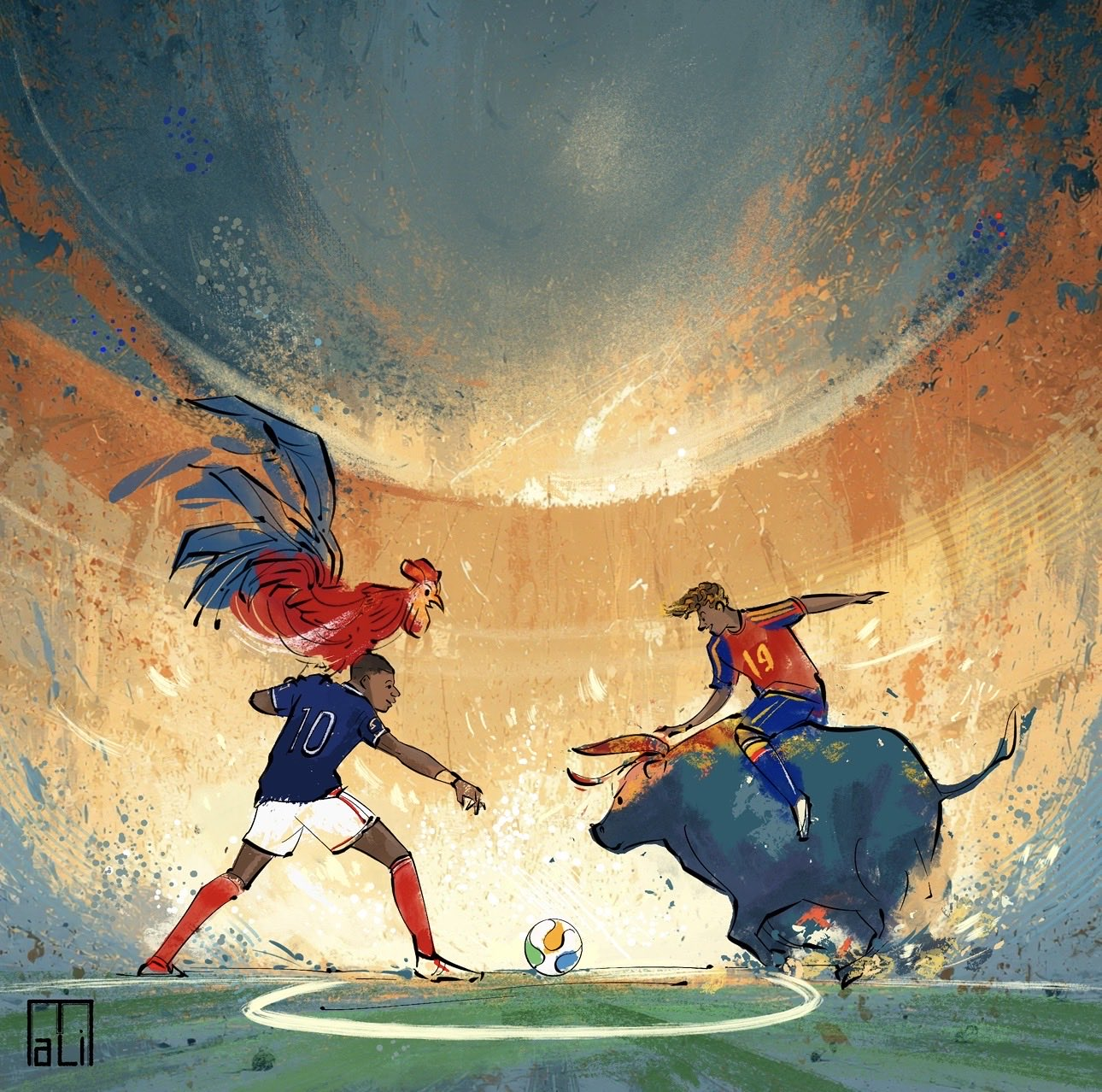 English
Alt Text: An artistic illustration of a soccer match representing a matchup between France and Spain. On the left, a French player in a blue number 10 jersey stands ready, with a large, colorful rooster perched on his shoulders. On the right, a Spanish player wearing a red and blue number 19 jersey rides a dark, charging bull. A soccer ball rests between them on a stylized pitch, set against a textured stadium background with warm golden and blue tones.

Français
Texte Alternatif : Une illustration artistique d'un match de football représentant un affrontement entre la France et l'Espagne. À gauche, un joueur français vêtu d'un maillot bleu portant le numéro 10 se tient prêt, avec un grand coq coloré perché sur ses épaules. À droite, un joueur espagnol vêtu d'un maillot rouge et bleu portant le numéro 19 monte un taureau sombre en pleine course. Un ballon de football repose entre eux sur un terrain stylisé, avec en arrière-plan un stade texturé aux tons chauds, dorés et bleus.