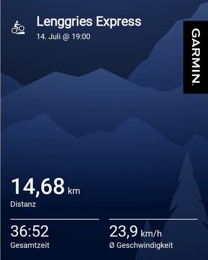 This image is a Garmin Connect summary of a cycling activity titled "Lenggries Express", completed on July 14 at 19:00. Here are the key details of the ride:
- Distance: 14.68 kilometers
- Total Time: 36 minutes and 52 seconds
- Average Speed: 23.9 km/h