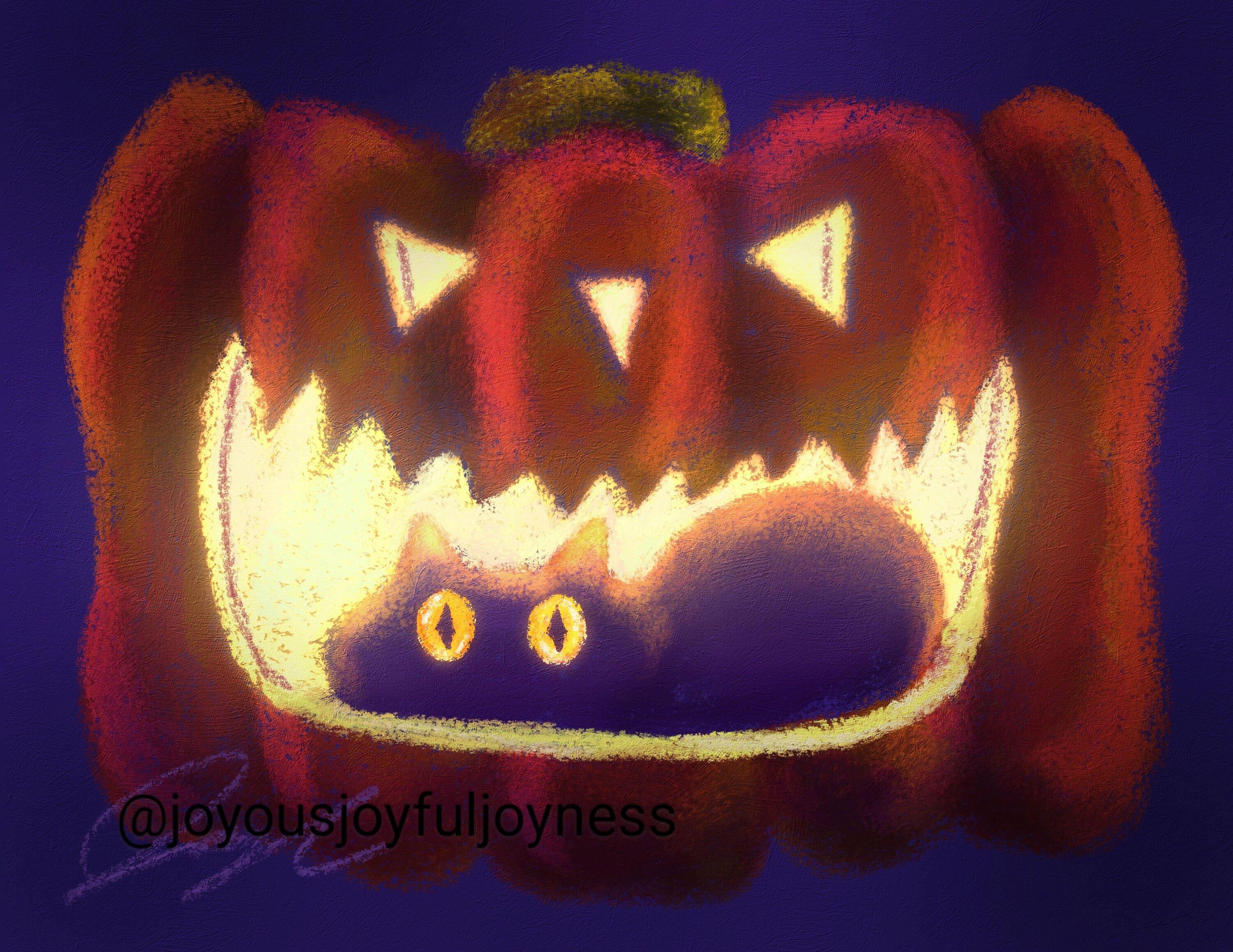 Painting of a black cat crouching in a glowing jack o lantern. The artist's signature and @joyousjoyfuljoyness watermark are at the bottom left.