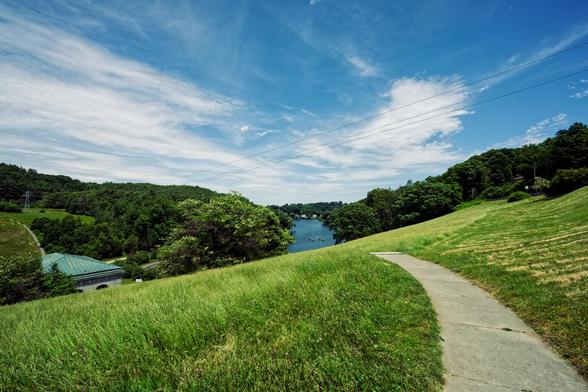 A thin concrete path winds from the lower right towards the center across a grassy slope to converge on a short segment of river flanked by dark colored trees on both sides under blue sky with some cirrus (I think) clouds