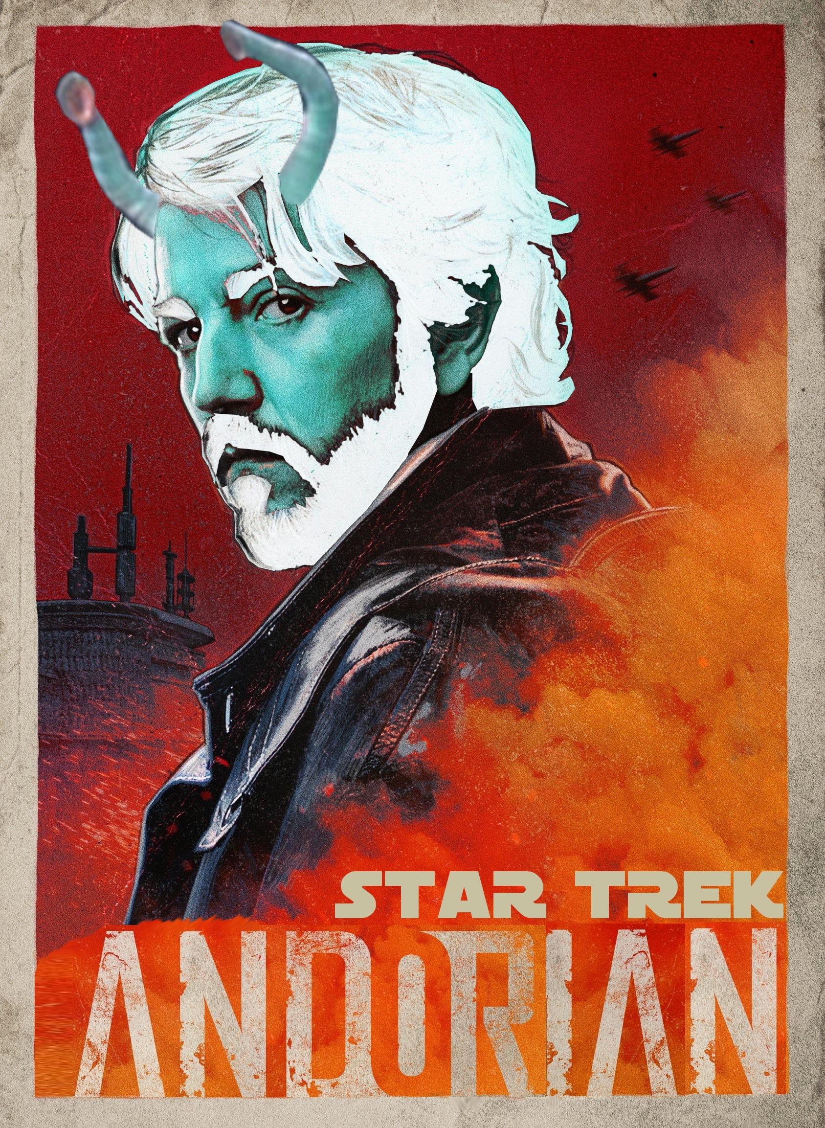 An image of a movie-style poster for "Star Trek Andorian" with Cassian Andor with white hair, blue skin and antenna.