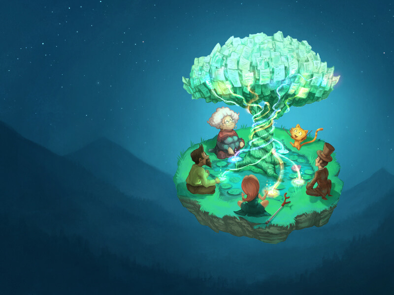 Un grupo de nenos sentados ao redor dun árbore grande con follas verdes que brillan. A árbore está rodeada por montañas baixo un ceo estrelado de noite. Os nenos están sentados en rochas que rodean a base da árbore, nunha conversa.
