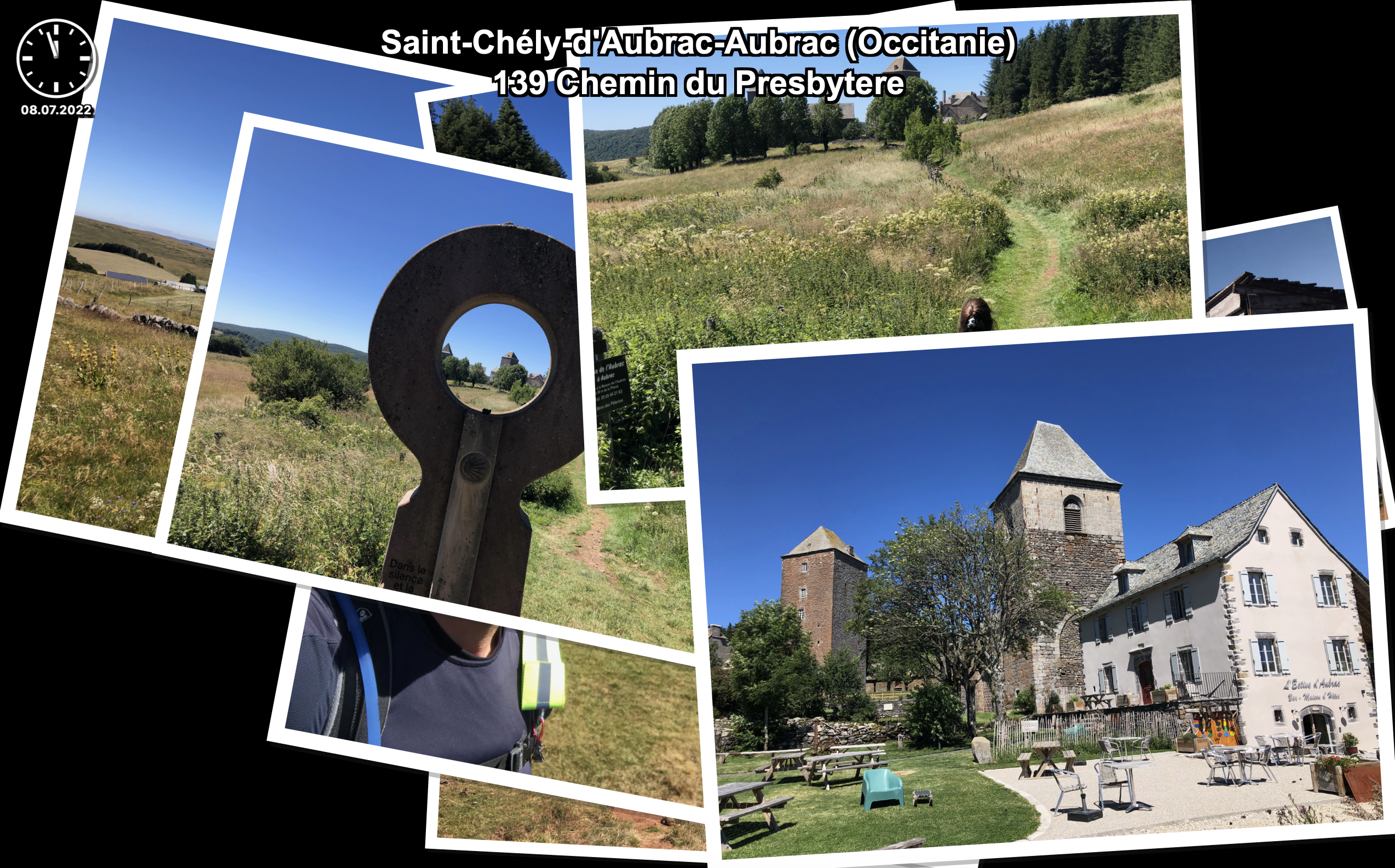 A collage featuring scenic views of Saint-Chély-d'Aubrac in Occitanie, France. Highlights include a wide meadow under a clear blue sky, a stone keyhole sculpture, and a charming building with historical architecture surrounded by greenery and outdoor seating